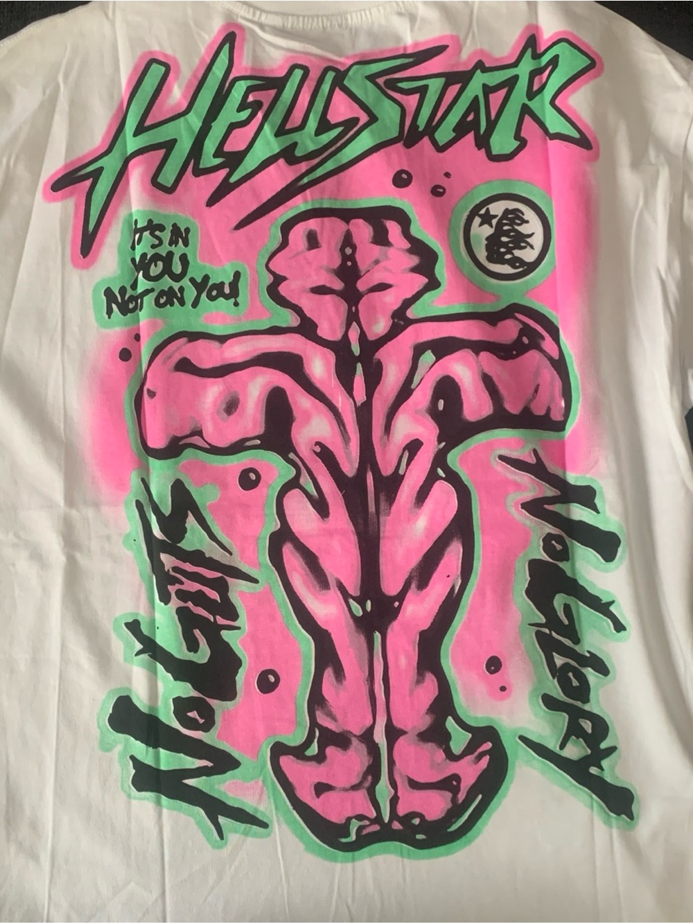 Hellstar Men’s White Graphic Shirt with Pink & Green Print